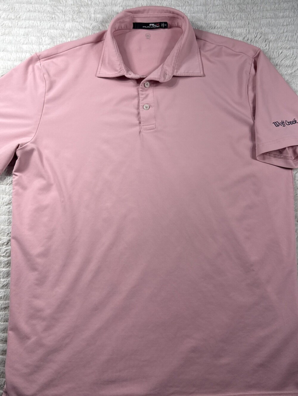 RLX Ralph Lauren Shirt Men’s Med Golf Polo Lightweight Pink Wolf Creek Logo EUC‎